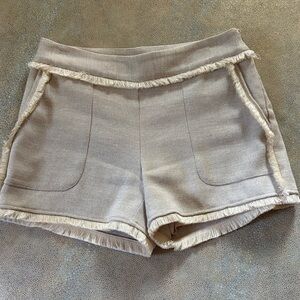 Marie Oliver taupe linen shorts with fringe trim